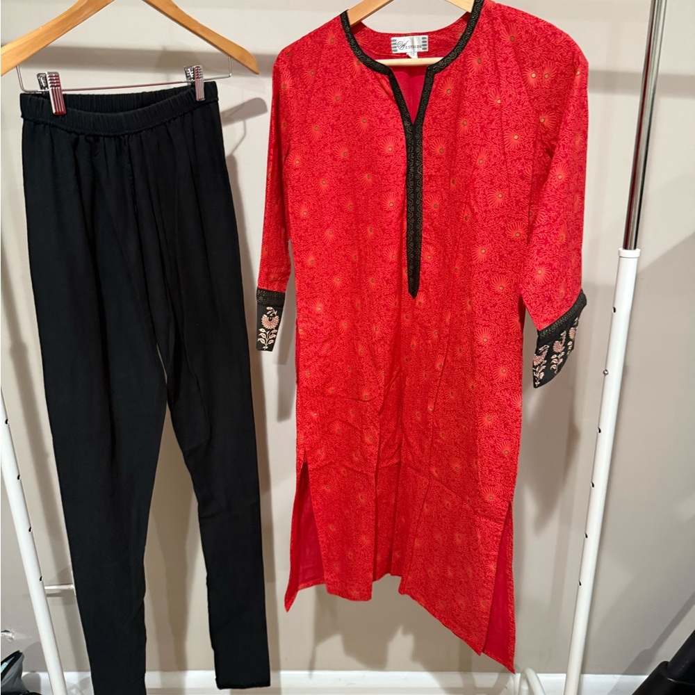 Red and Black Kurta Set